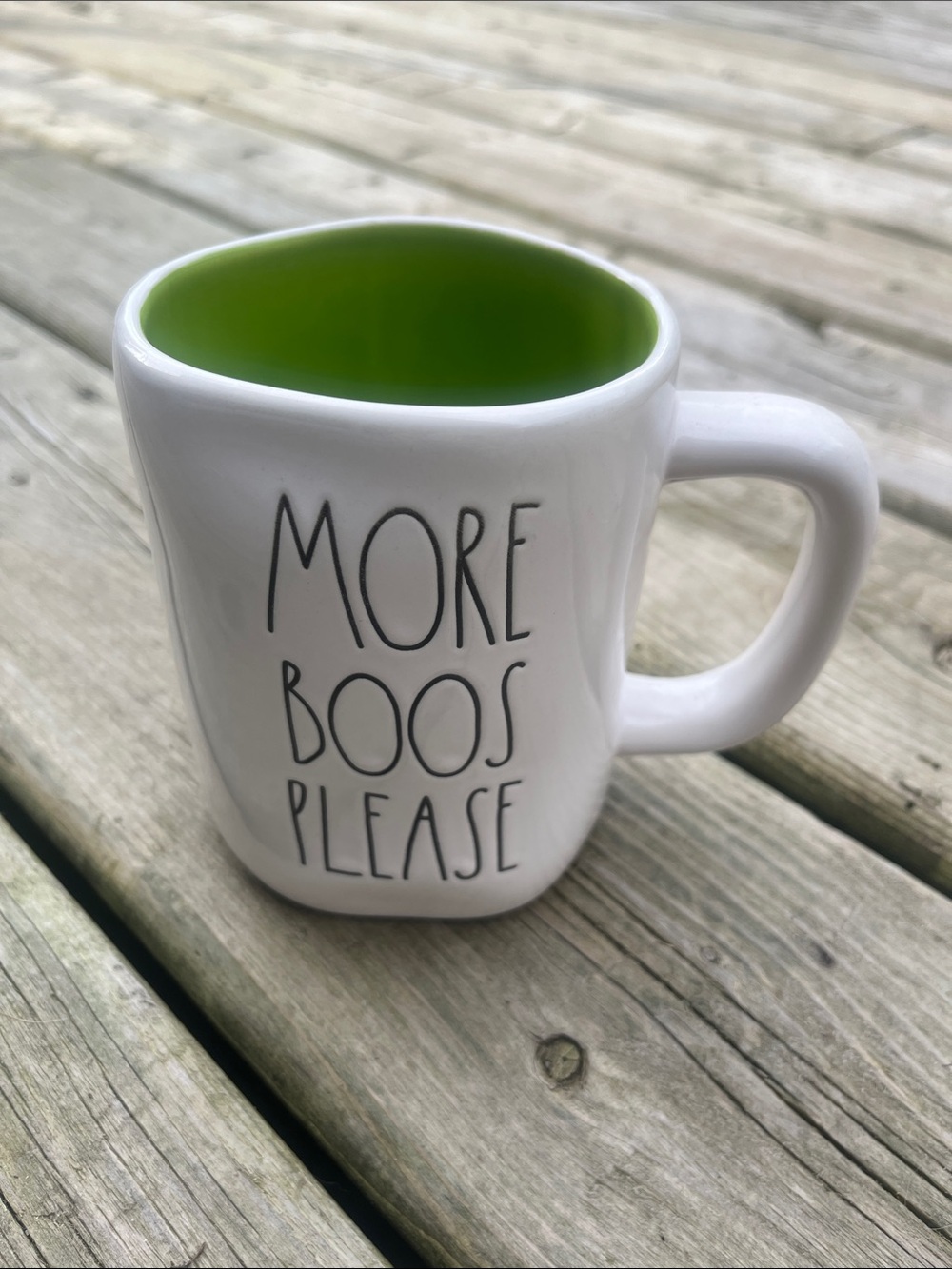 Retired Rae Dunn White Mug with Green Interior - "More Boos Please" Halloween